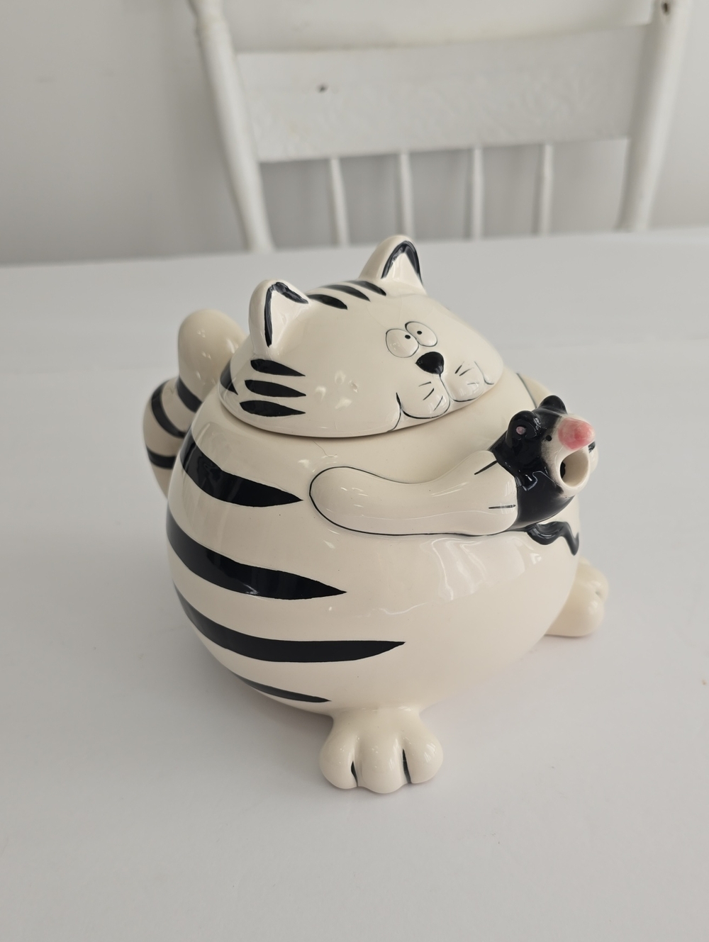 Pier 1 Imports Whimsical Fat Cat & Mouse Ceramic Teapot White Black Stripes